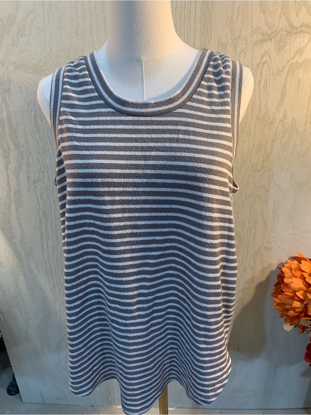 Doe & Rae Gray and White Striped Tank Top